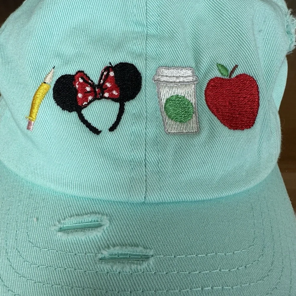 Disney Parks teal blue baseball cap Teacher Coffee Minnie Ears Distressed